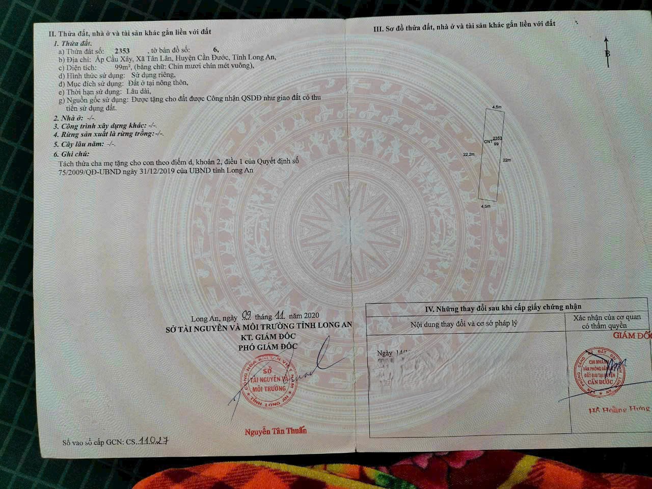 Đất thổ giá rẻ công nhân 100m2(4,5*22) xã Tân Lân cần bán gấp chỉ 320tr