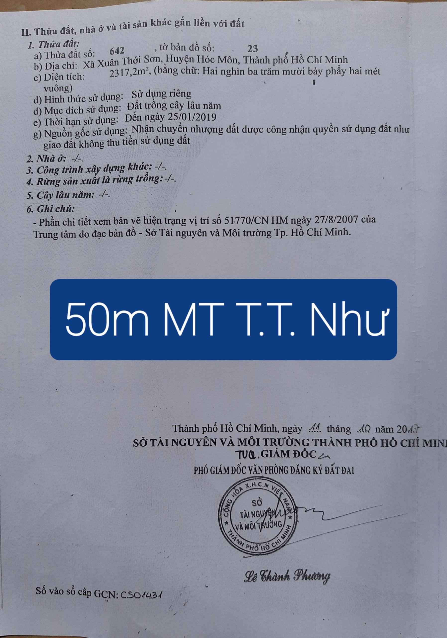 Bán đất mặt tiền Trương Thị Như xã Xuân Thới Sơn Huyện Hóc Môn giá 12,7 tỷ
