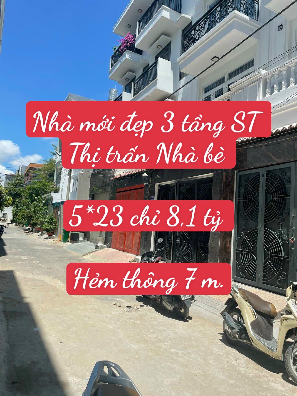 Nhà đẹp 3 tầng, sân thượng, hẻm thông 7 m, 1 sẹc Huỳnh Tấn Phát  Thị trấn Nhà bè. 5*23 chỉ 8,1 tỷ.