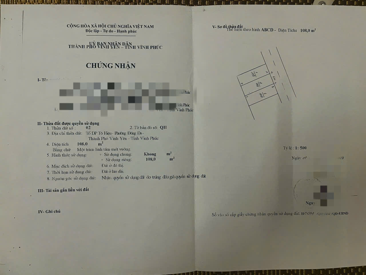 Bán lô đất 108m full thổ cư, cạnh nhà văn hóa TDP Tô Hiệu phường Đống Đa Vĩnh Yên Vĩnh Phúc