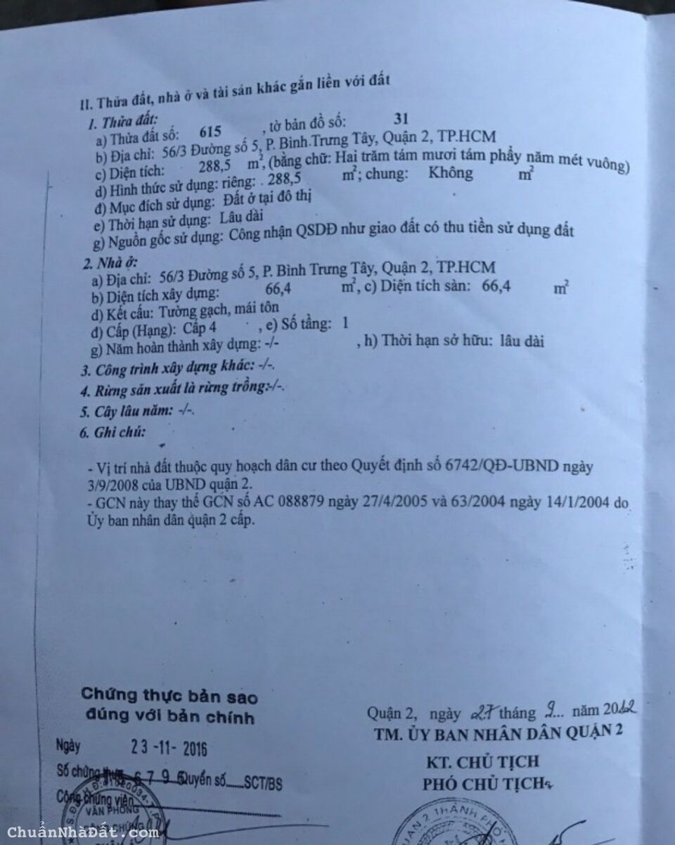 Bán đất  đường xe hơi phường Bình Trưng Tây  Tp Thủ Đức giá  12,2 tỷ/288m2
