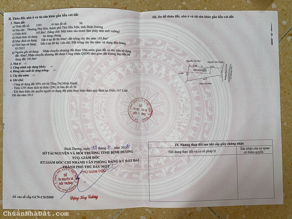 Bán đất 1/ hẻm 453, phú hoà, thủ dầu một, dt 165,8m2 tc 60m2, giá 4.6 tỷ tl -0384329615 luyến