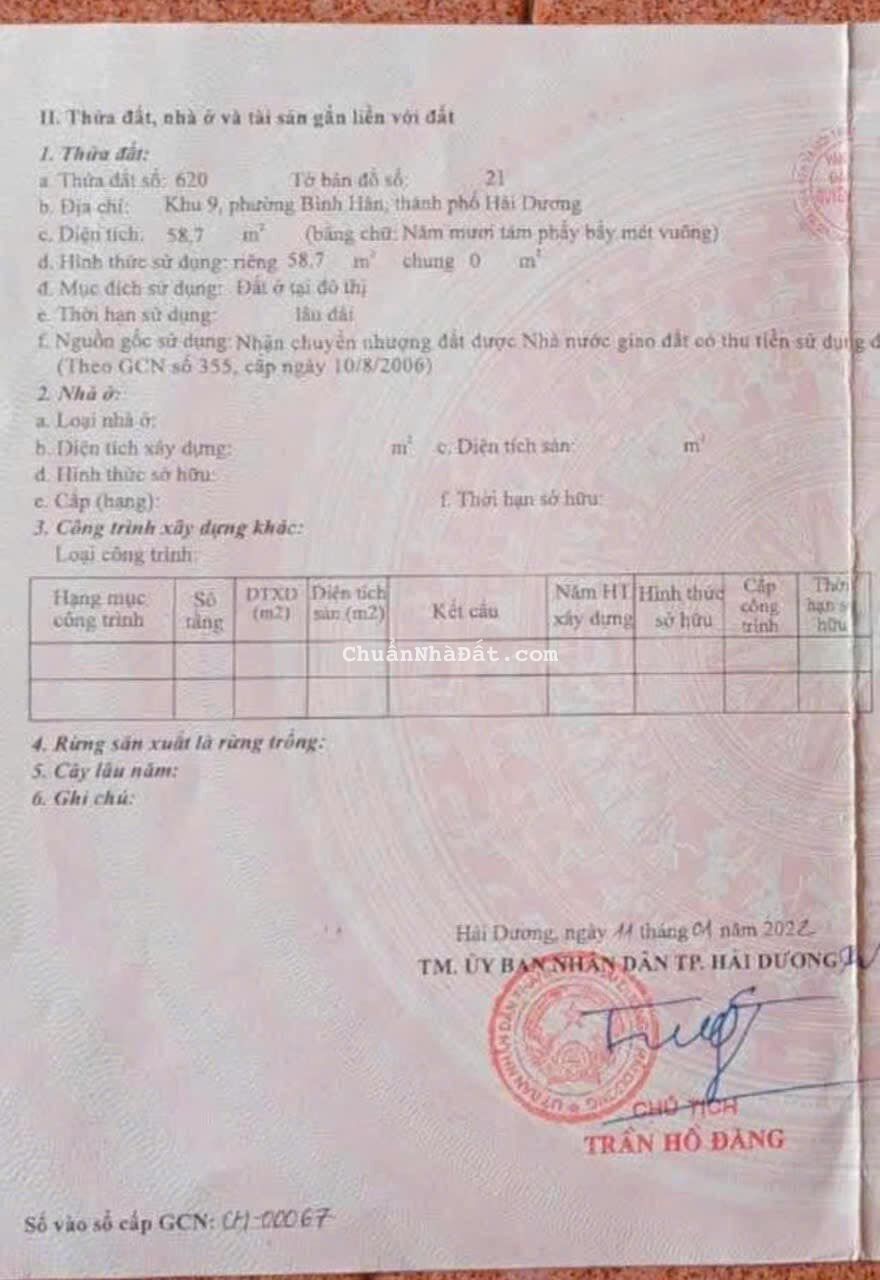 Bán đất ngõ 20 Đinh Văn Tả, ph Bình Hàn, TP HD, 58.7m2, mt 4m, hướng nam, vị trí đẹp, chỉ 1.3x tỷ