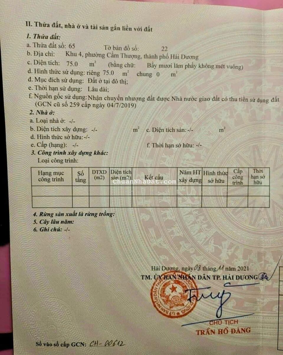 Bán đất ngõ phố Tự Đông, phường Cẩm Thượng, TP HD, 75m2, mt 4.48m, ngõ thông ô tô