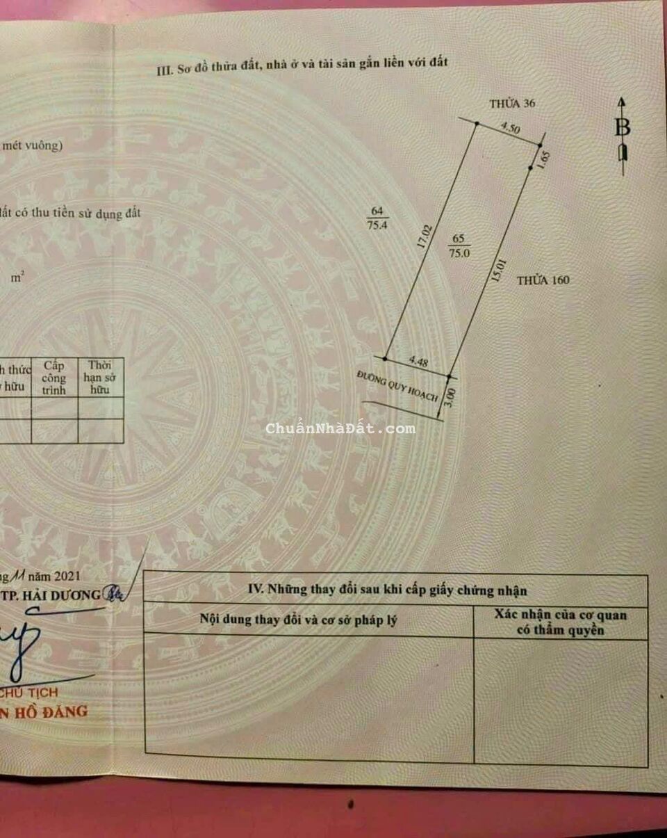 Bán đất ngõ phố Tự Đông, phường Cẩm Thượng, TP HD, 75m2, mt 4.48m, ngõ thông ô tô
