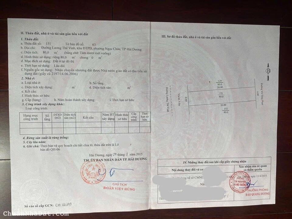 Bán đất mặt đường Lương Thế Vinh, Đông Nam Cường, TP HD, 80m2, mt 4m, đường 21m