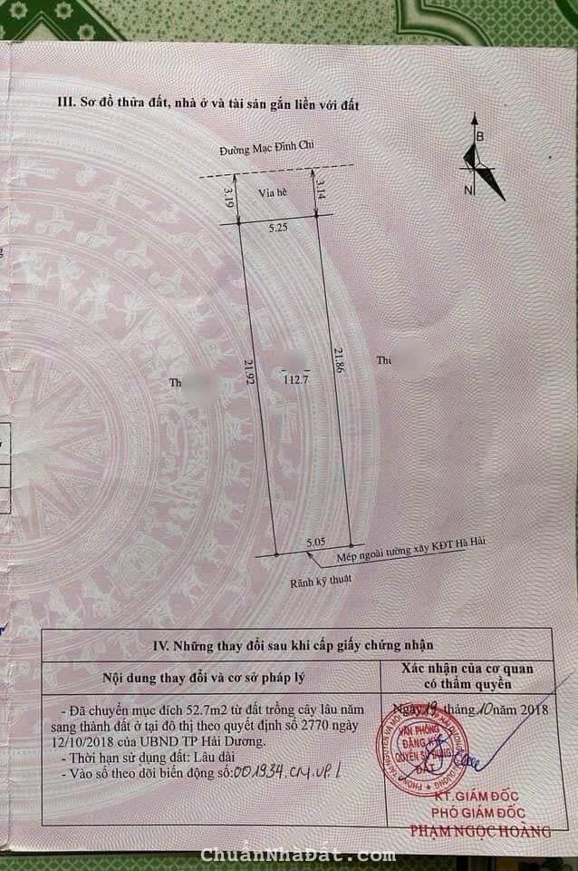 Bán đất mặt phố Mạc Đĩnh Chi, ph Lê Thanh Nghị, TP HD, 112.7m2, mt hơn 5m, KD tốt