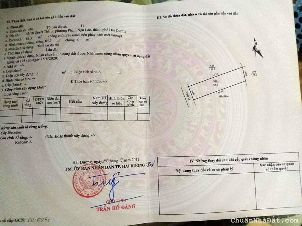 Bán đất ngõ phố Quyết Thắng, Phạm Ngũ Lão, TP HD, 64.5m2, mt 4m, hướng tây tứ mệnh, 1.18 tỷ