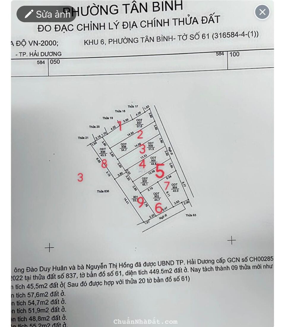 Bán đất ngõ phố Đàm Lộc, ph Tân Bình, TP HD, 48.8m2, mặt tiền 3.8m, vị trí trung tâm, 1.2x tỷ