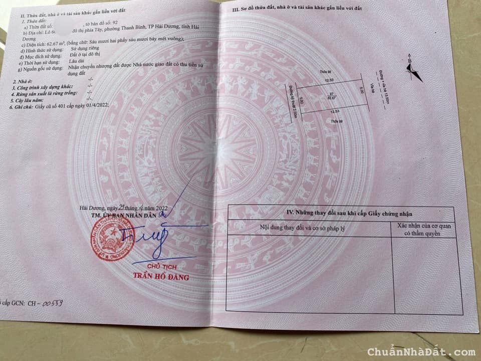 Bán đất mặt phố Nguyễn Thiện, KĐT Vạn Phúc, TP Hải Dương, 62.67m2, mt 5m, vị trí đẹp