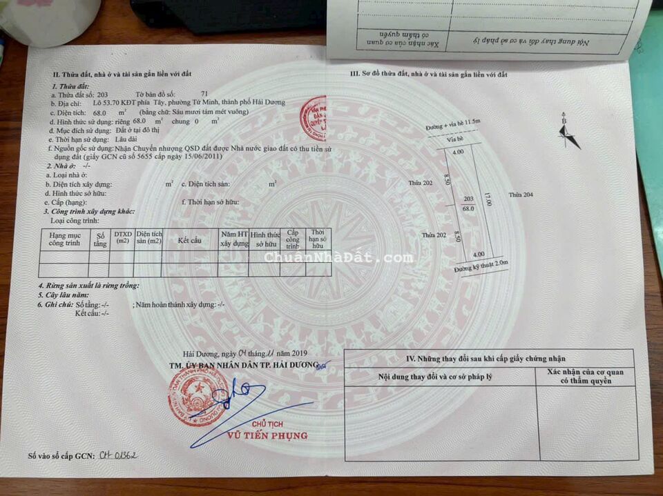 Bán đất KĐT Vạn Phúc, ph Tứ Minh, TP Hải Dương, 68m2, mt 4m, hướng bắc, đường 11.5m