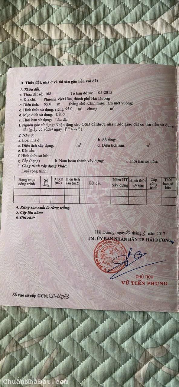 Bán đất KĐT Việt Hòa, phường Việt Hòa, TP HD, 95m2, mt 5m, đường to rộng, sổ hồng cc
