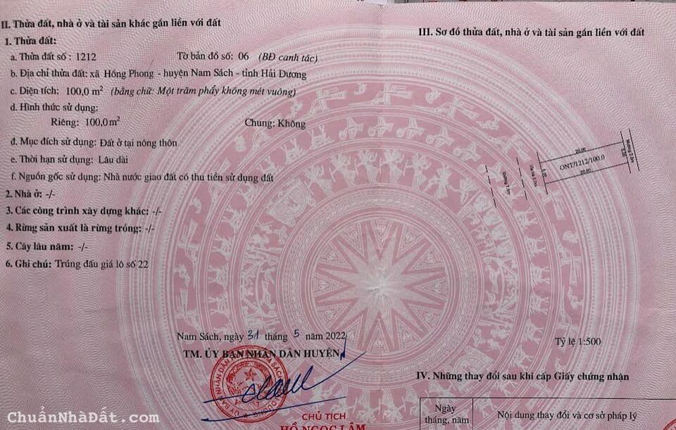 Bán lô đất trục chính Vận Tải, Hồng Phong, Nam Sách, HD, 100m2, mt 5m, vị trí đẹp