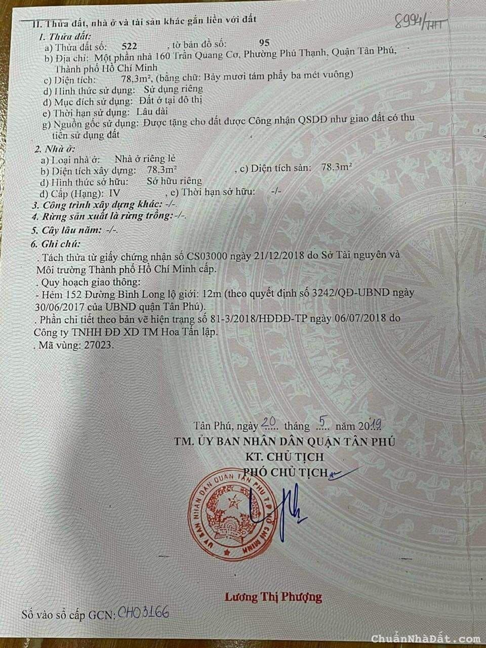 HXH NGAY GÓC TRẦN QUANG CƠ- BÌNH LONG TÂN PHÚ 78.3M2 GIÁ CHỈ 5TY250 