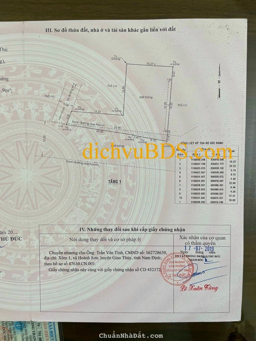 Bán lô đất lớn 455m thổ cư 2 MT đường dự phóng 12m, mặt hẻm 5m vị trí đẹp