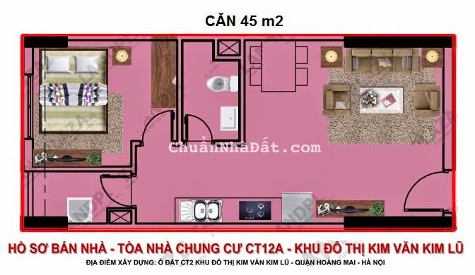 Chính chủ cần bán căn hộ 1 ngủ 45m, hướng đông Nam, đã có sổ tại tòa CT12A KDT Kim Văn Kim Lũ 