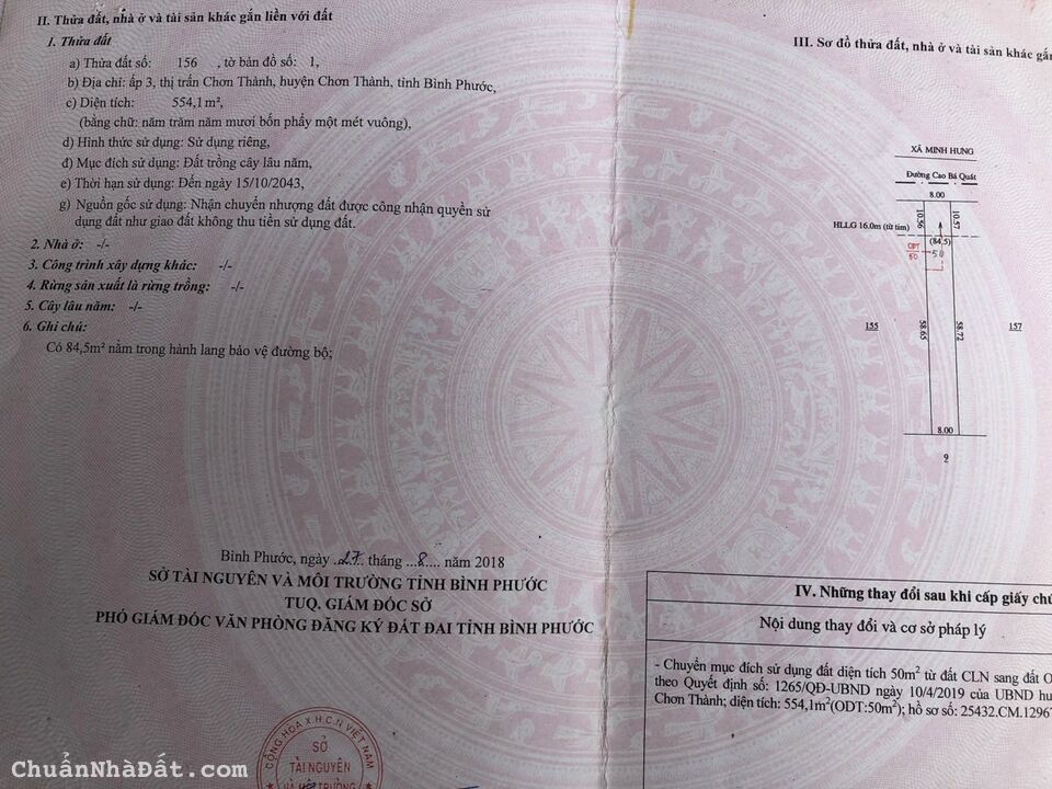 Chính chủ cần bán thị xã Chơn Thành Dt 8x70x50tc giá 340tr/m 