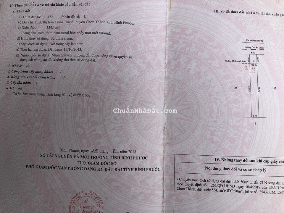 Cần bán lô đất mặt nhựa 32m Cao Bá Quát đất Thị Xã Chơn Thành. Dt 8x70x50TC giá 345tr/m .Lh 0373817