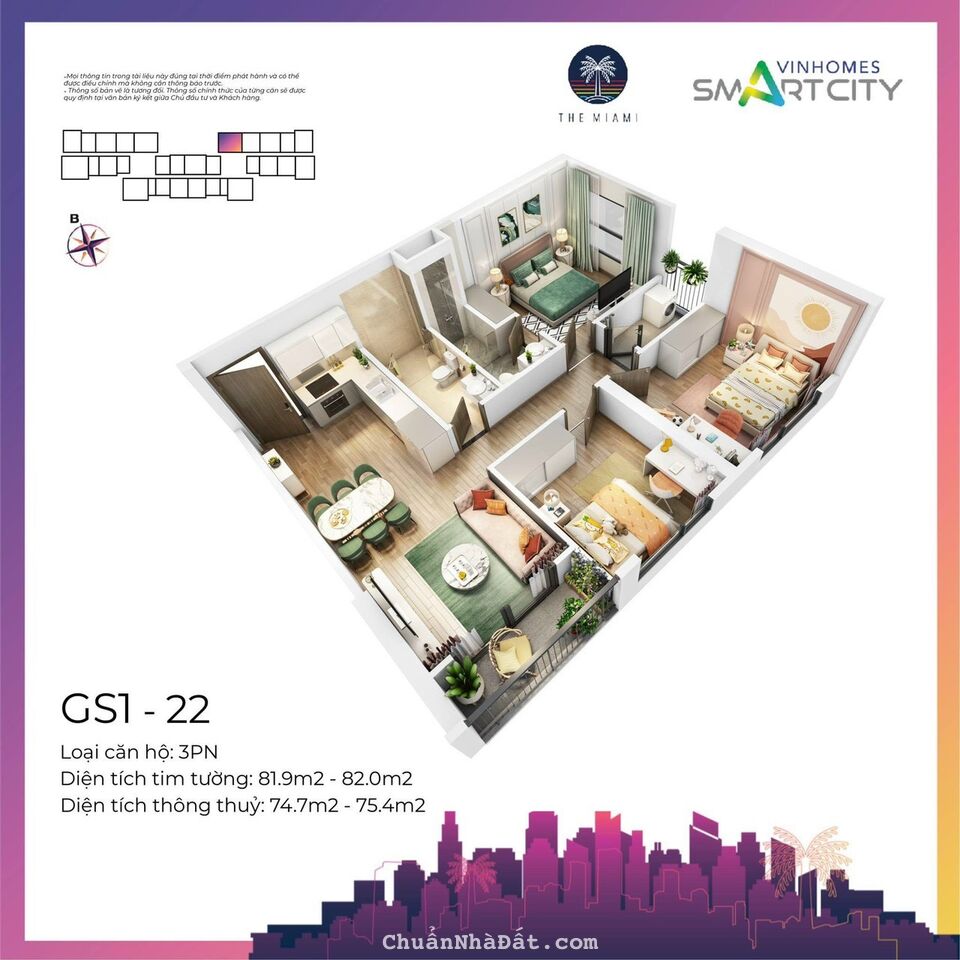 CẦN BÁN NHANH CĂN HỘ 3PN, 75M2 THÔNG THUỶ, GIÁ 3,6 TỶ DỰ ÁN VINHOMES SMART CITY