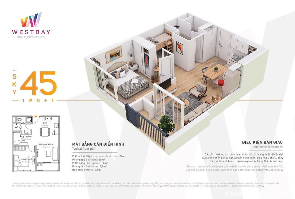 Bán căn hộ 45 m2 với 1 PN+1 và 1VS tòa Westbay của Ecopark giá 1,33 tỷ bao phí. LH 0967 949 918