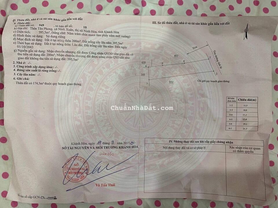 Bán đất Ninh Xuân Ninh Hoà dt 595m2 mặt tiền DT6 qh đường 42m