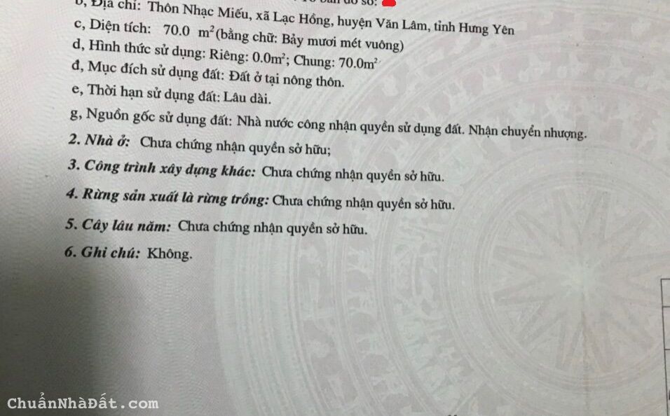  Bán 70m2 đất thổ cư: Lạc hồng, Văn Lâm: 0988663893 