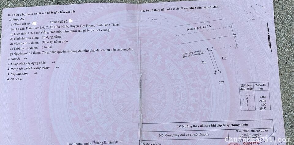 Đất thổ cư mặt tiền QL1A, gần biển, SHR 116.3m2, ngay KDC Hòa Minh - Gần Biển