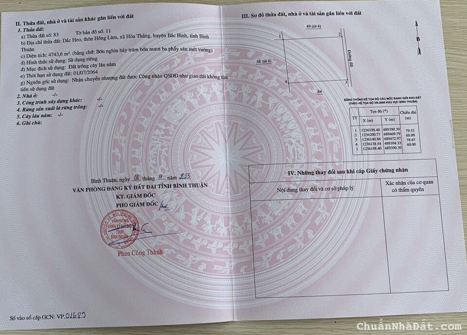 4743m2 đất CLN Hòa Thắng, ngay trục đường chính đi sân bay. Giá chính chủ 449 triệu bao sổ