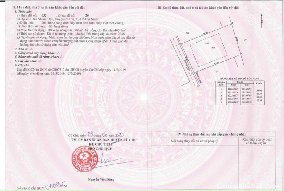 Đất Nhuận Đức , Huyện Củ Chi DT 20m x 36m = 705m2 ( Có 300m TC )