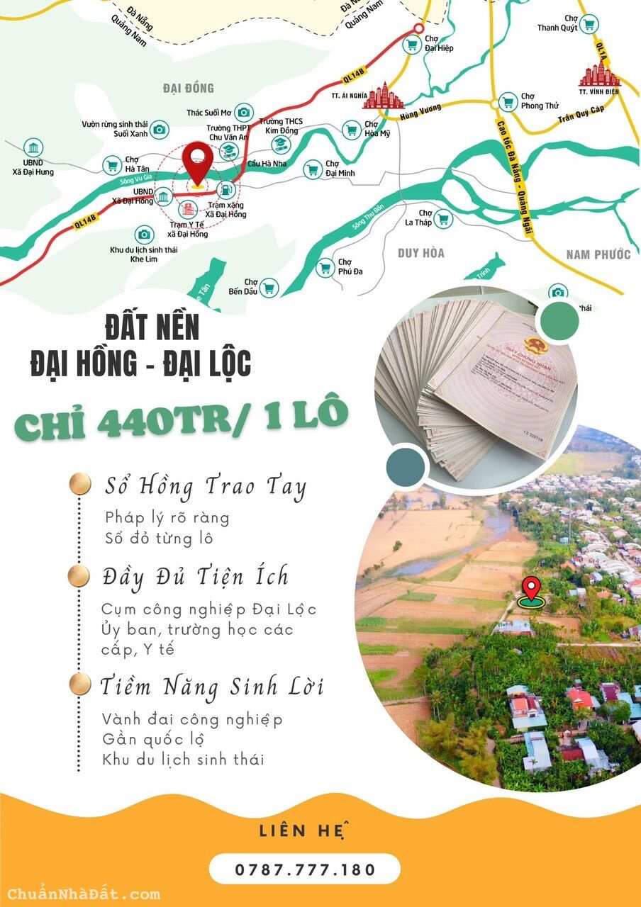 CHỈ CÒN 2 LÔ DUY NHẤT NẰM NGAY TRÊN TRỤC ĐƯỜNG LIÊN Xã Đại Lộc -Thổ Cư 100%