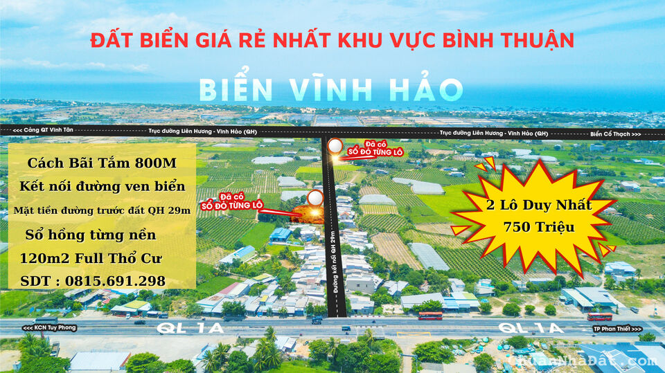 Đất biển thổ cư cạnh nút giao cao tốc Phan Thiết – Vĩnh Hảo chỉ 6tr/m2 