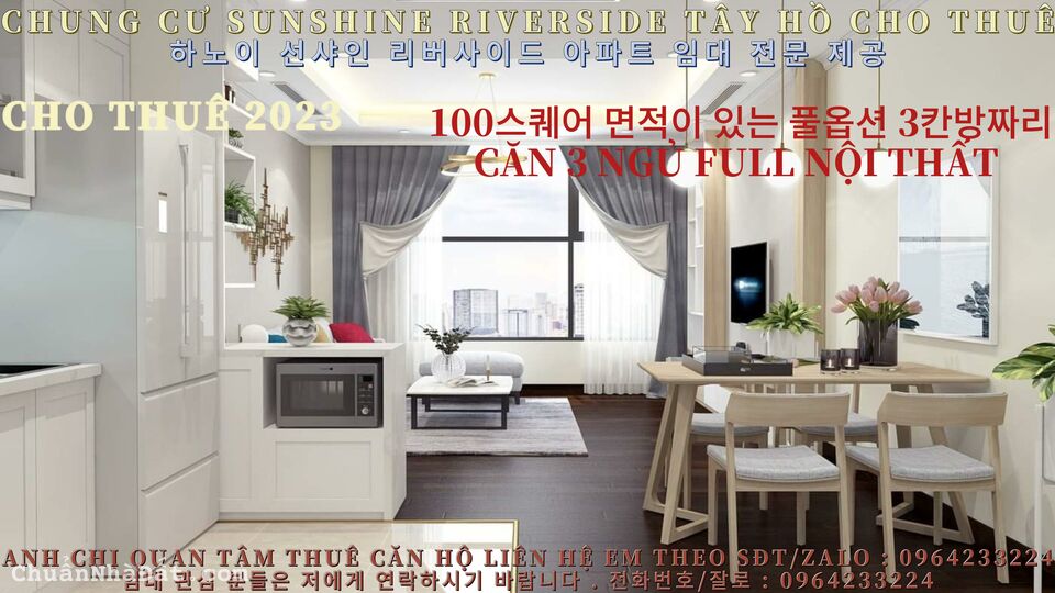 (Chung cư Sunshine RiverSide Phú Thượng) cho thuê căn 3 ngủ Full Nội thất diện tích 100 mét giá thuê Thương lượng. 