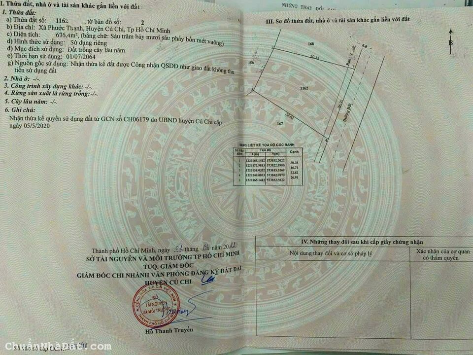 Bán 676m đất trồng cây tỉnh lộ 7 , Phước Thạnh Củ Chi SHR Gía chốt 990TR