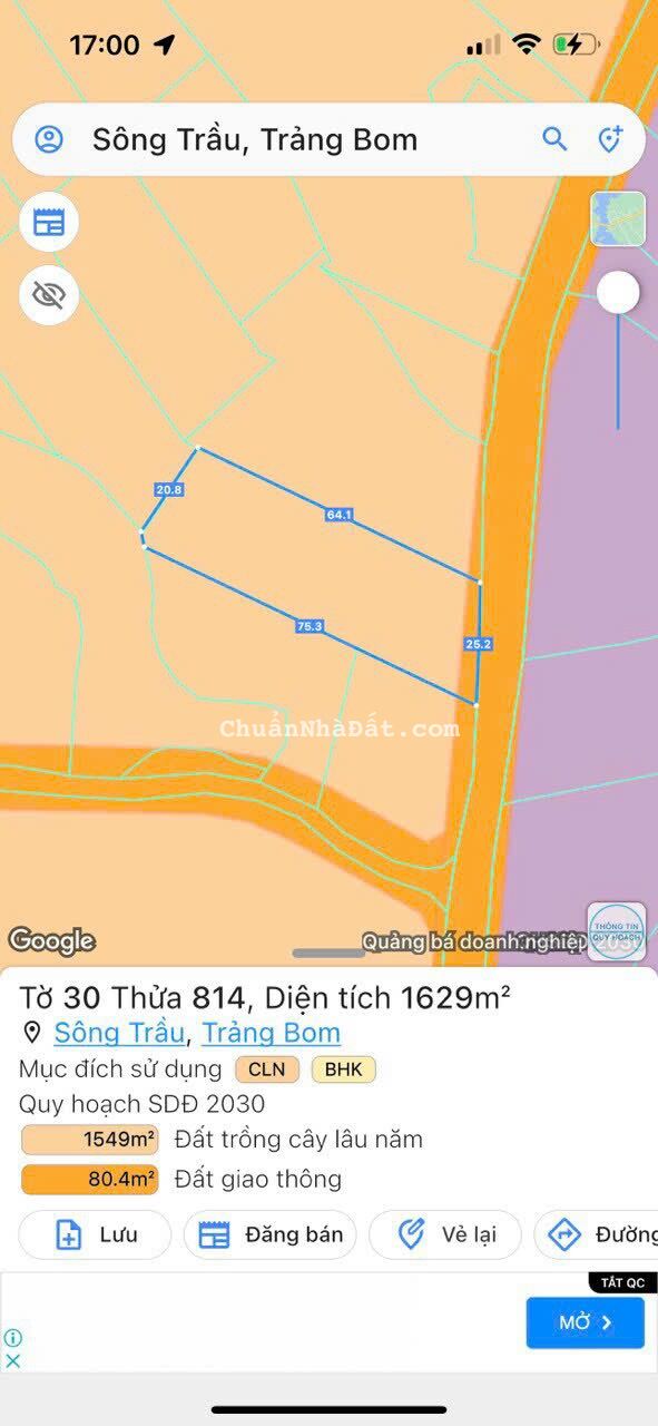 Bán gấp 1,6 sào mặt tiền 25m ấp 3, xã Sông Trầu giáp TT Trảng Bom, cách QL1A 3km giá rẻ 