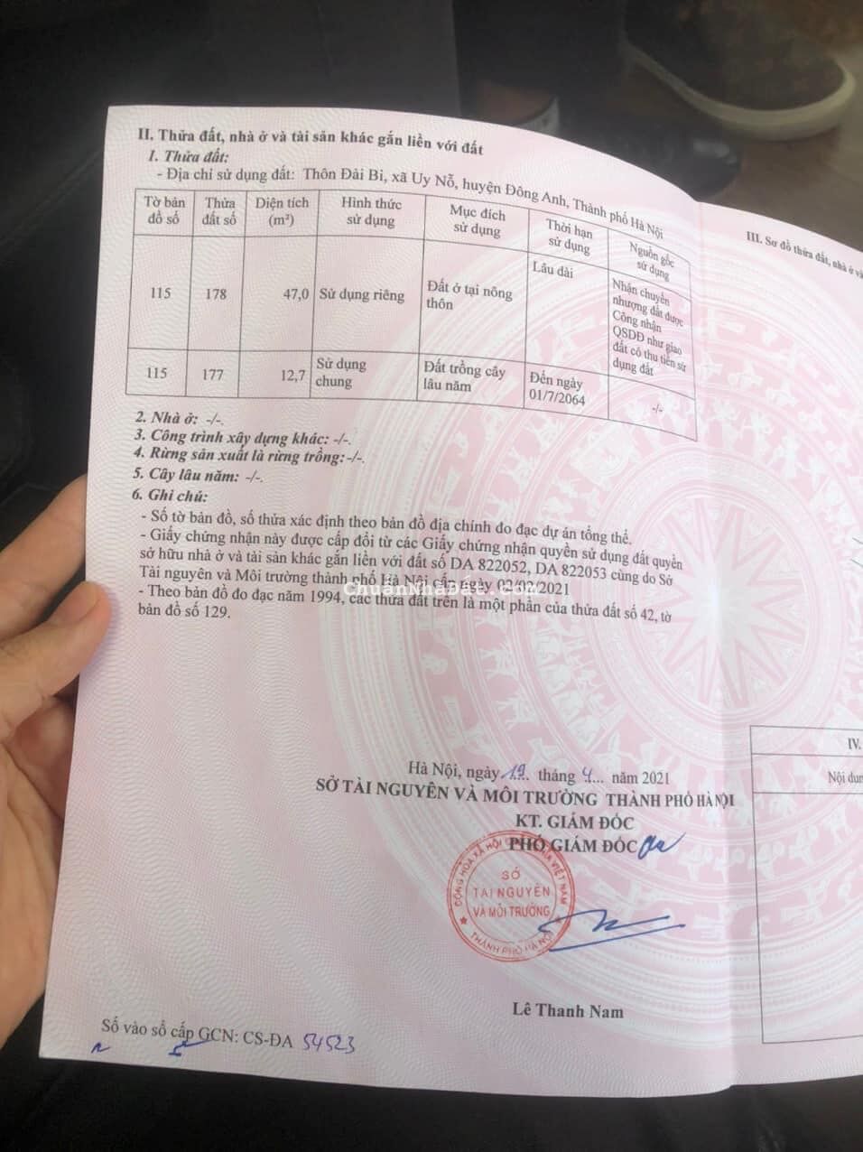 Chính chủ cần bán lô đất đẹp tại thôn Đài Bi , Uy Nỗ. ** Dt 47 m2 Chính chủ cần bán lô đất đẹp tại thôn Đài Bi , Uy Nỗ. ** Dt 47 m2