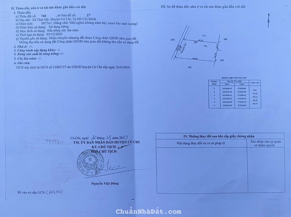 Chính chủ bán đất vườn 1077m SHR giá 1 tỷ 299 Thái Mỹ ,Củ Chi