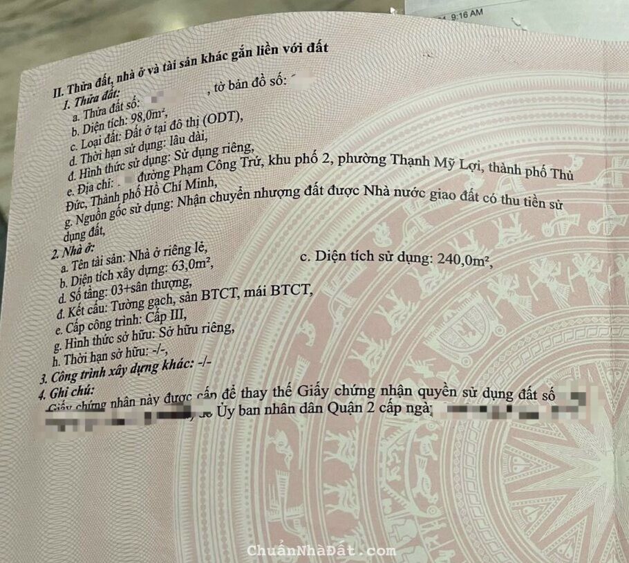 Bán nhà mặt tiền đường Phạm Công Trứ Phường Thạnh Mỹ Lợi Quận 2 nhà 3 lầu ngang 7m MQC 0903034123