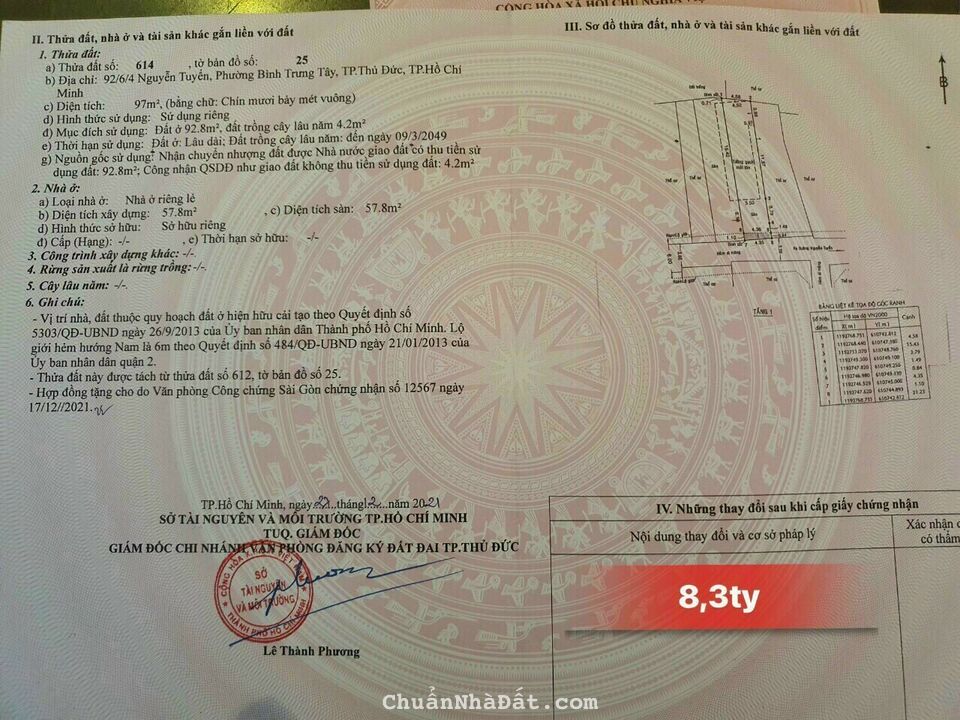 Bán lô đất lớn, phù hợp CHDV hoặc XD nhà ở - Bán Hẻm 92 Nguyễn Tuyễn Q2,  8,8m x dài 22m, tách 2 sổ