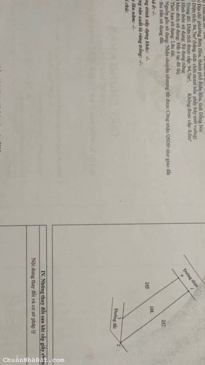 Đất sổ riêng khu TĐC Bửu Hòa 2.8 tỷ/95m2