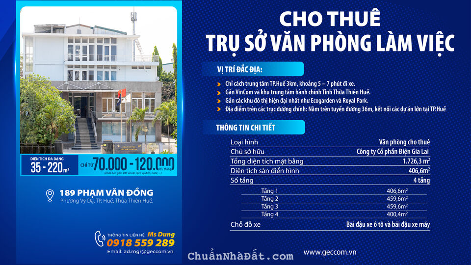 Cho Thuê Văn Phòng - Địa chỉ 189 Phạm Văn Đồng, Phường Vỹ Da, Thành Phố Huế