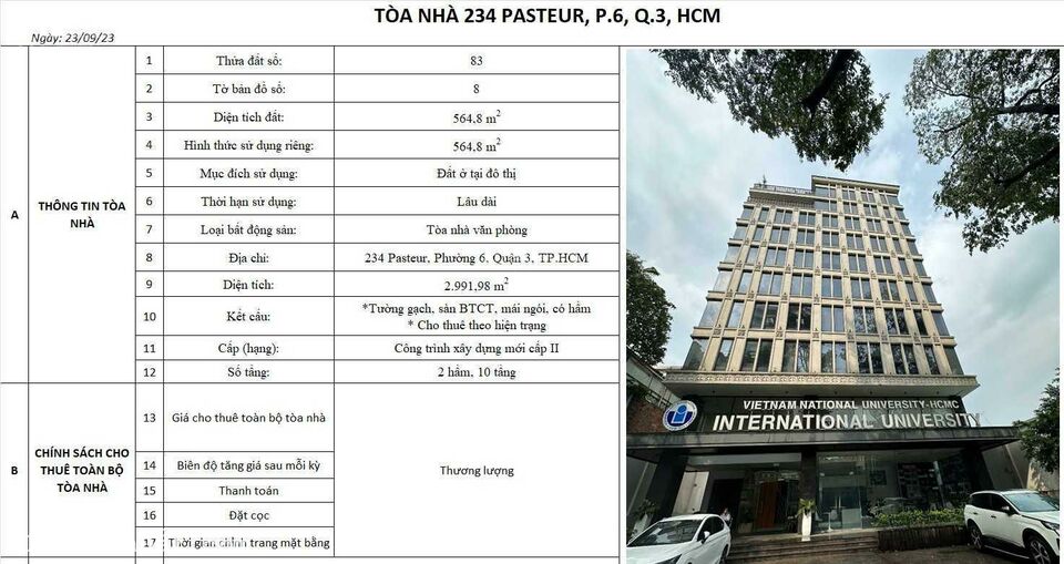 Cho thuê Tòa nhà 234 Pasteur Quận 3, DT: 22.4x26.5m, 2 Hầm + 10 lầu, Giá: 1.25 tỷ TL