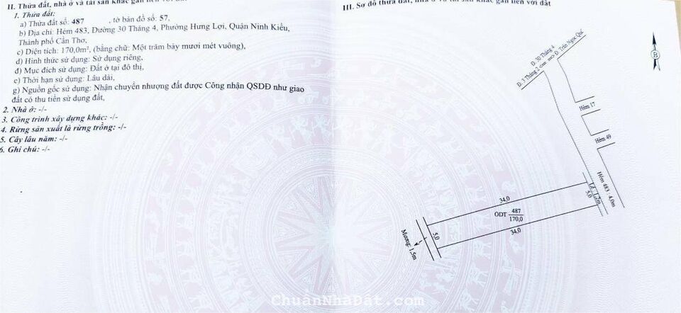 Bán nền thổ cư 170m2 hẻm 483 đường 30/4 quận Ninh Kiều