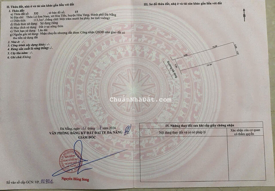 Bán đất Hoà Tiến Đà Nẵng - 113m2 - SHR - chỉ 1.25 tỷ. Lh:0905161288