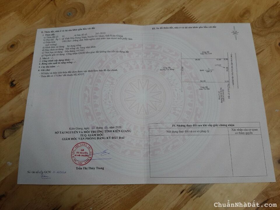 Bán đất Huyện Gò Quao, Kiên Giang, 1981.8m2 sẵn SHR chỉ 100tr/m. Lh:0988679171