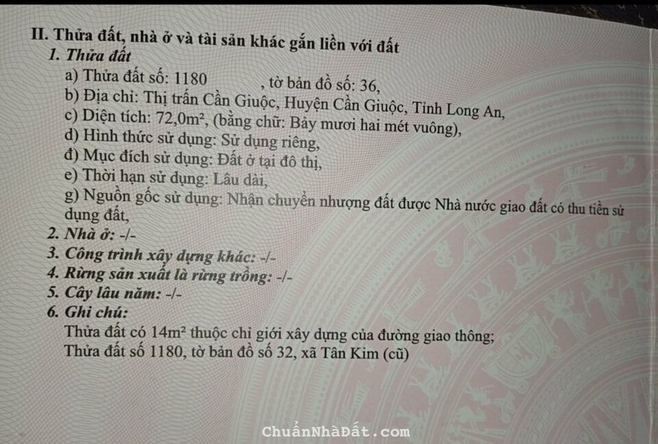 BÁn Đât Thổ SHR, đường Ô Tô, 72m2, Tân Kim, Cần Giuộc.