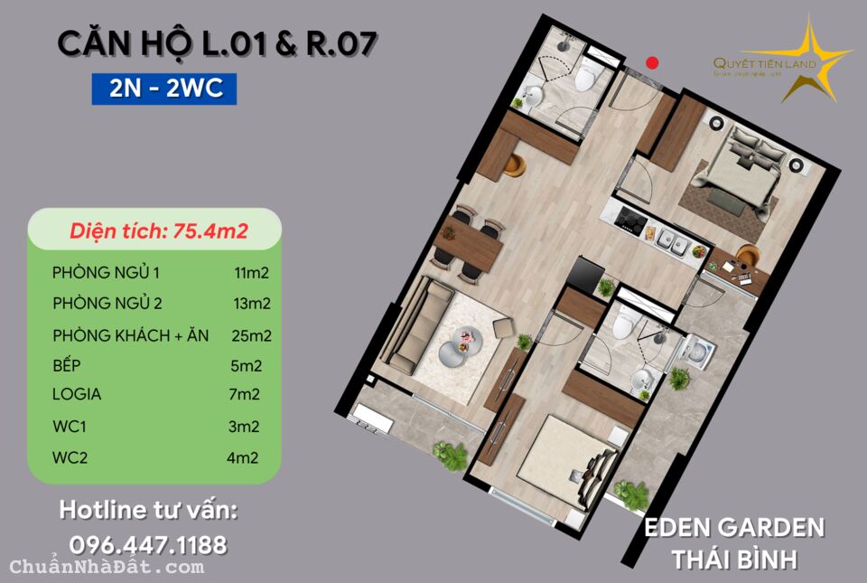 Chung cư Eden Garden, Căn 75.4m2 2N 2VS Đông Nam VIEW Lê Lợi, nội thất liền tường giá chỉ 2.3xx tỷ