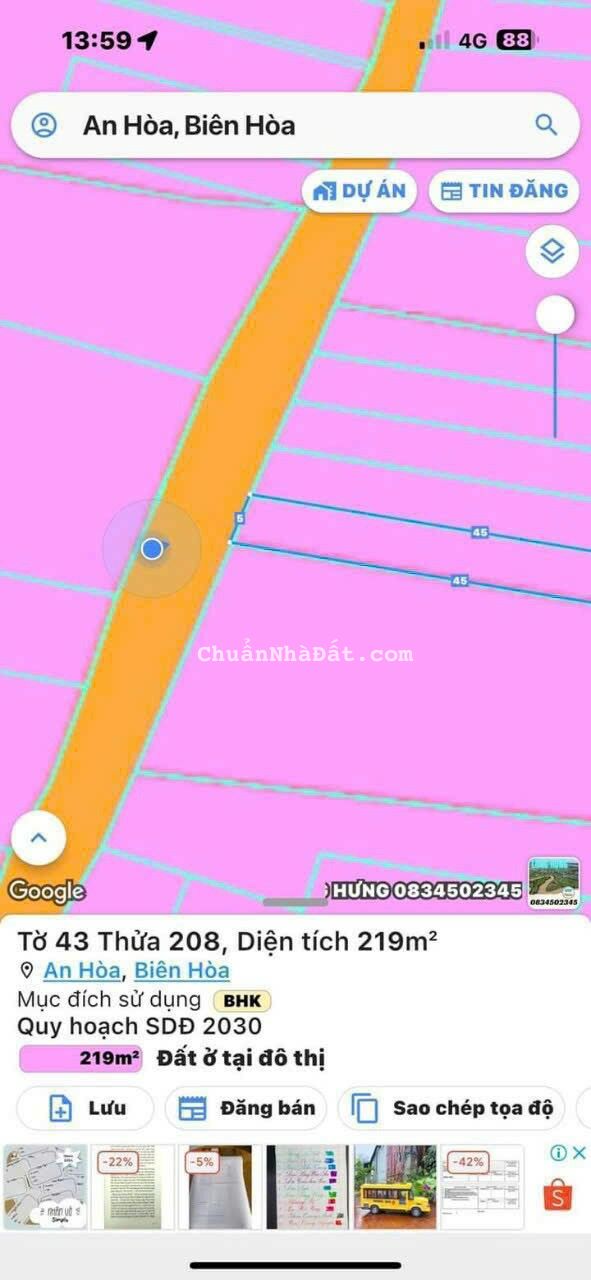 Bán Lô Đất 219 m2 SRTC Ngay Gần KDL - Đô Thị Sơn Tiên _ KP4. P. An Hòa _ TP. Biên Hòa 