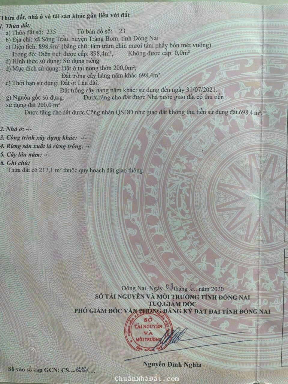 Bán 898 m2 Mặt Tiền Đường Nguyễn Hoàng _ Sông Trầu _ Trảng Bom_ Đồng Nai 