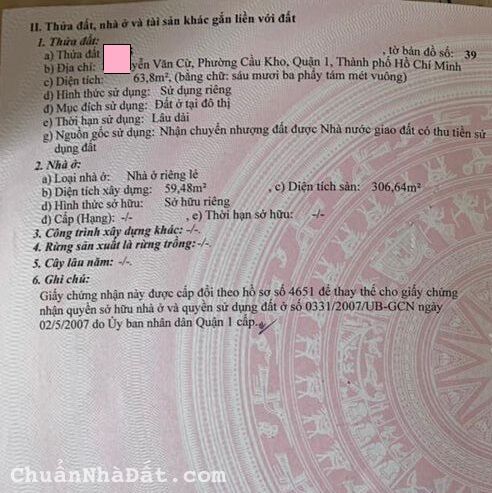 Bán Nhà Mặt Tiền Nguyễn Văn Cừ, Phường Cầu Kho, Quận 1 DT 4x16m 6 Tầng giá 20 tỷ HĐT 60 Tr