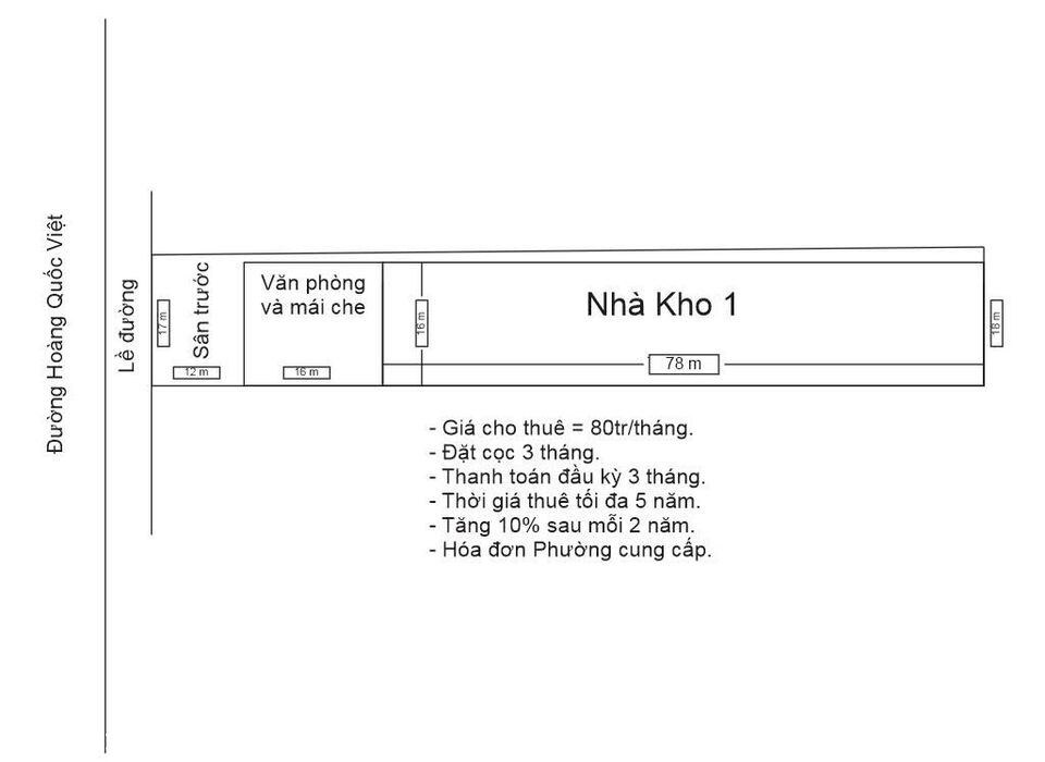 Cho thuê kho mặt tiền hoàng quốc việt, có văn phòng làm việc, trần cao 12m